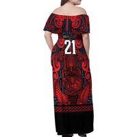 Custom New Zealand Taiaha Maori Family Matching Off Shoulder Maxi Dress and Hawaiian Shirt Whero Minimalist Silver Fern Tukutuku Motif