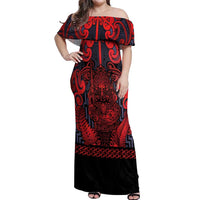 Custom New Zealand Taiaha Maori Off Shoulder Maxi Dress Whero Minimalist Silver Fern Tukutuku Motif LT9 Women Red - Polynesian Pride