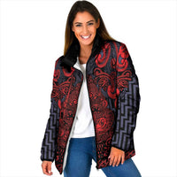 Custom New Zealand Taiaha Maori Padded Jacket Whero Minimalist Silver Fern Tukutuku Motif