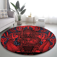 New Zealand Taiaha Maori Round Carpet Whero Minimalist Silver Fern Tukutuku Motif