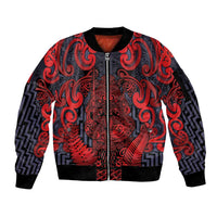 Custom New Zealand Taiaha Maori Sleeve Zip Bomber Jacket Whero Minimalist Silver Fern Tukutuku Motif