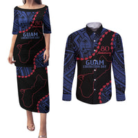Personalized Guam 80th Anniversary Liberation Day Couples Matching Puletasi and Long Sleeve Button Shirt Guahan Basic Seal LT9 Black - Polynesian Pride