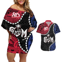 Personalized Guam 80th Anniversary Liberation Day Couples Matching Off Shoulder Short Dress and Hawaiian Shirt Tano I Man Chamoru Since 1944 LT9 Black - Polynesian Pride