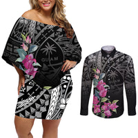 Guahan Puti Tai Nobiu Couples Matching Off Shoulder Short Dress and Long Sleeve Button Shirt Guam Bougainvillea Flower Art LT9 Black - Polynesian Pride