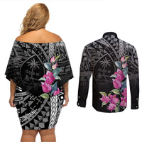 Guahan Puti Tai Nobiu Couples Matching Off Shoulder Short Dress and Long Sleeve Button Shirt Guam Bougainvillea Flower Art LT9 - Polynesian Pride