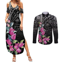 Guahan Puti Tai Nobiu Couples Matching Summer Maxi Dress and Long Sleeve Button Shirt Guam Bougainvillea Flower Art LT9 Black - Polynesian Pride