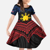 Personalized Philippines Kid Short Sleeve Dress Polynesian Tribal Tattoo with Filipino Flag Motif
