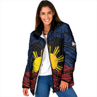 Personalized Philippines Padded Jacket Polynesian Tribal Tattoo with Filipino Flag Motif LT9 Women Black - Polynesian Pride
