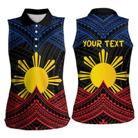 Personalized Philippines Women Sleeveless Polo Shirt Polynesian Tribal Tattoo with Filipino Flag Motif