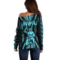 Personalised Aotearoa Father's Day Gift For Dad Off Shoulder Sweater Aroha Ahau Ki A Koe Papa - Aqua Maori Style Pattern LT9 - Polynesian Pride