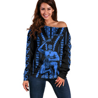 Personalised Aotearoa Father's Day Gift For Dad Off Shoulder Sweater Aroha Ahau Ki A Koe Papa - Blue Maori Style Pattern LT9 Women Blue - Polynesian Pride