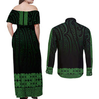New Zealand Maori Kowhaiwhai Couples Matching Off Shoulder Maxi Dress and Long Sleeve Button Shirt Kakariki Maui and Mangopare