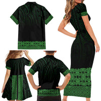 New Zealand Maori Kowhaiwhai Family Matching Short Sleeve Bodycon Dress and Hawaiian Shirt Kakariki Maui and Mangopare