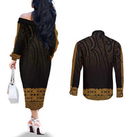 New Zealand Maori Kowhaiwhai Couples Matching Off The Shoulder Long Sleeve Dress and Long Sleeve Button Shirt Karaka Maui and Mangopare