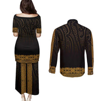 New Zealand Maori Kowhaiwhai Couples Matching Puletasi and Long Sleeve Button Shirt Karaka Maui and Mangopare