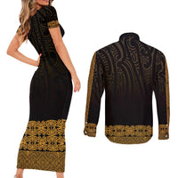 New Zealand Maori Kowhaiwhai Couples Matching Short Sleeve Bodycon Dress and Long Sleeve Button Shirt Karaka Maui and Mangopare
