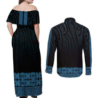 New Zealand Maori Kowhaiwhai Couples Matching Off Shoulder Maxi Dress and Long Sleeve Button Shirt Kikorangi Maui and Mangopare