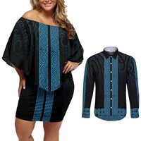 New Zealand Maori Kowhaiwhai Couples Matching Off Shoulder Short Dress and Long Sleeve Button Shirt Kikorangi Maui and Mangopare