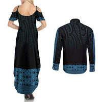 New Zealand Maori Kowhaiwhai Couples Matching Summer Maxi Dress and Long Sleeve Button Shirt Kikorangi Maui and Mangopare