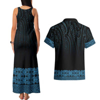 New Zealand Maori Kowhaiwhai Couples Matching Tank Maxi Dress and Hawaiian Shirt Kikorangi Maui and Mangopare