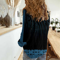 New Zealand Maori Kowhaiwhai Women Casual Shirt Kikorangi Maui and Mangopare