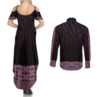 New Zealand Maori Kowhaiwhai Couples Matching Summer Maxi Dress and Long Sleeve Button Shirt Mawhero Maui and Mangopare