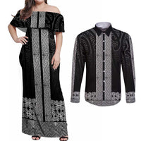 New Zealand Maori Kowhaiwhai Couples Matching Off Shoulder Maxi Dress and Long Sleeve Button Shirt Pango Maui and Mangopare
