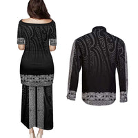 New Zealand Maori Kowhaiwhai Couples Matching Puletasi and Long Sleeve Button Shirt Pango Maui and Mangopare
