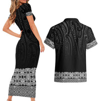 New Zealand Maori Kowhaiwhai Couples Matching Short Sleeve Bodycon Dress and Hawaiian Shirt Pango Maui and Mangopare