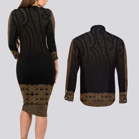 New Zealand Maori Kowhaiwhai Couples Matching Long Sleeve Bodycon Dress and Long Sleeve Button Shirt Parauri Maui and Mangopare