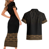 New Zealand Maori Kowhaiwhai Couples Matching Short Sleeve Bodycon Dress and Hawaiian Shirt Parauri Maui and Mangopare