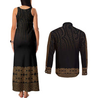 New Zealand Maori Kowhaiwhai Couples Matching Tank Maxi Dress and Long Sleeve Button Shirt Parauri Maui and Mangopare