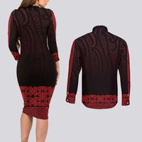 New Zealand Maori Kowhaiwhai Couples Matching Long Sleeve Bodycon Dress and Long Sleeve Button Shirt Whero Maui and Mangopare