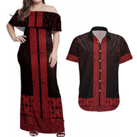 New Zealand Maori Kowhaiwhai Couples Matching Off Shoulder Maxi Dress and Hawaiian Shirt Whero Maui and Mangopare