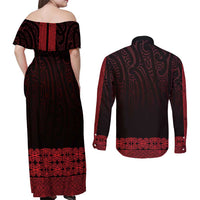 New Zealand Maori Kowhaiwhai Couples Matching Off Shoulder Maxi Dress and Long Sleeve Button Shirt Whero Maui and Mangopare