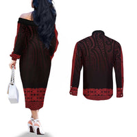 New Zealand Maori Kowhaiwhai Couples Matching Off The Shoulder Long Sleeve Dress and Long Sleeve Button Shirt Whero Maui and Mangopare