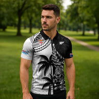 Fiji New Zealand Rugby Personalised Zipper Polo Shirt Maori and Tapa Pattern - Polynesian Pride