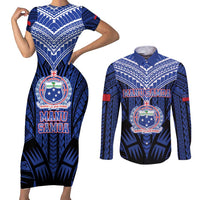 Custom Manu Samoa Sevens Rugby Couples Matching Short Sleeve Bodycon Dress and Long Sleeve Button Shirt Samoan Tribal Tattoo LT9 Blue - Polynesian Pride