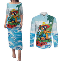 Funny Parrot Margarita Five O'clock Somewhere Couples Matching Puletasi and Long Sleeve Button Shirt LT9 Blue - Polynesian Pride