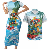 Funny Parrot Margarita Five O'clock Somewhere Couples Matching Short Sleeve Bodycon Dress and Hawaiian Shirt LT9 Blue - Polynesian Pride