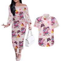 Hawaii Flamingo Hello Summer Couples Matching Off The Shoulder Long Sleeve Dress and Hawaiian Shirt Hawaiian Quilt Pattern LT9 Pink - Polynesian Pride