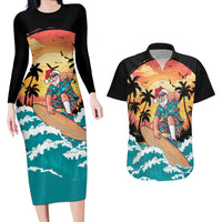 Vintage Santa Claus Surfing Summer Couples Matching Long Sleeve Bodycon Dress and Hawaiian Shirt Mele Kalikimaka i Iulai! LT9 Black - Polynesian Pride