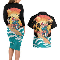 Vintage Santa Claus Surfing Summer Couples Matching Long Sleeve Bodycon Dress and Hawaiian Shirt Mele Kalikimaka i Iulai! LT9 - Polynesian Pride