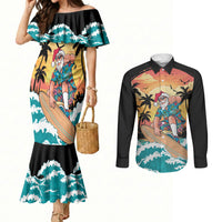 Vintage Santa Claus Surfing Summer Couples Matching Mermaid Dress and Long Sleeve Button Shirt Mele Kalikimaka i Iulai! LT9 Black - Polynesian Pride