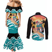 Vintage Santa Claus Surfing Summer Couples Matching Mermaid Dress and Long Sleeve Button Shirt Mele Kalikimaka i Iulai! LT9 - Polynesian Pride