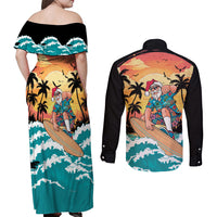 Vintage Santa Claus Surfing Summer Couples Matching Off Shoulder Maxi Dress and Long Sleeve Button Shirt Mele Kalikimaka i Iulai! LT9 - Polynesian Pride