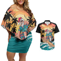 Vintage Santa Claus Surfing Summer Couples Matching Off Shoulder Short Dress and Hawaiian Shirt Mele Kalikimaka i Iulai! LT9 Black - Polynesian Pride