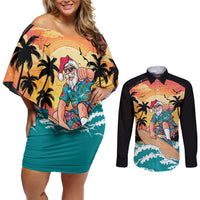 Vintage Santa Claus Surfing Summer Couples Matching Off Shoulder Short Dress and Long Sleeve Button Shirt Mele Kalikimaka i Iulai! LT9 Black - Polynesian Pride