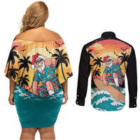 Vintage Santa Claus Surfing Summer Couples Matching Off Shoulder Short Dress and Long Sleeve Button Shirt Mele Kalikimaka i Iulai! LT9 - Polynesian Pride