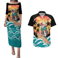 Vintage Santa Claus Surfing Summer Couples Matching Puletasi and Hawaiian Shirt Mele Kalikimaka i Iulai! LT9 Black - Polynesian Pride